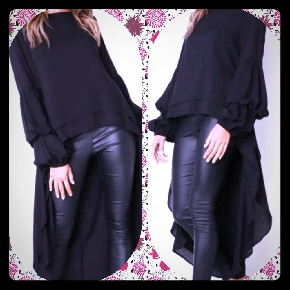 Round Neck Asymmetric Hem Latern Sleeve Blouse
